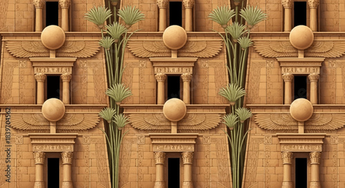 Ancient Egyptian tomb facade with papyrus plants detailed architectural elements and symbolic spheres representing history and culture