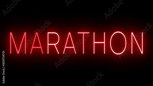 Retro red neon sign that flickers and glows with MARATHON