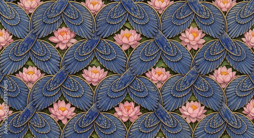 Intricate Art Nouveau floral pattern with blue peacock feathers and pink lotus flowers seamless decorative background for textile and wallpaper design