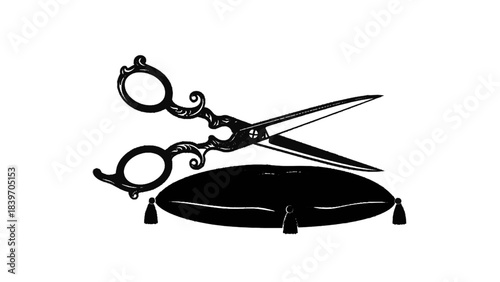 Vector illustration of ornate scissors resting on a small decorative pillow, vintage style illustration isolated on transparent background