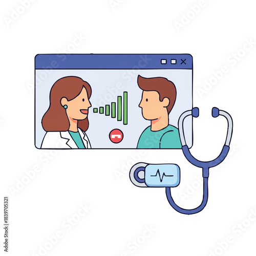 Illustration of a doctor and patient in a telemedicine consultation on a computer screen with a stethoscope, conveying a healthcare and technology theme in a flat, graphic style with a blue