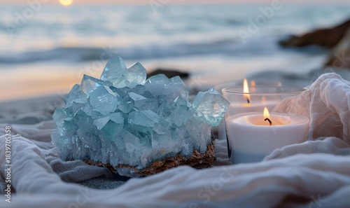 Serene Crystals by the Sea: A calming scene unfolds as a cluster of radiant crystal rests by the shore, bathed in the soft glow of candlelight and the gentle caress of the sea.