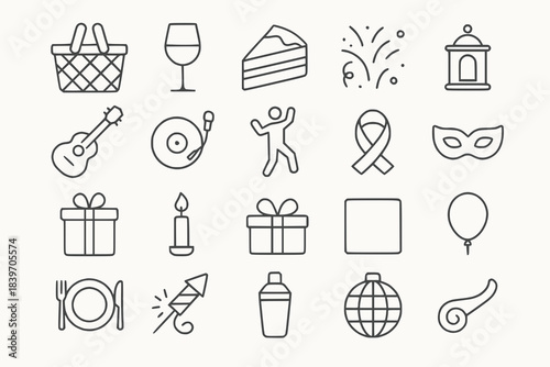 Set of linear line art icons for gatherings and celebrations with party and festive elements