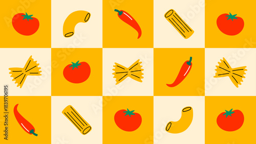 Playful pattern with tomatoes and pasta scattered across a yellow–white checkered grid, perfect for cheerful cooking textiles, packaging, or food-themed prints.