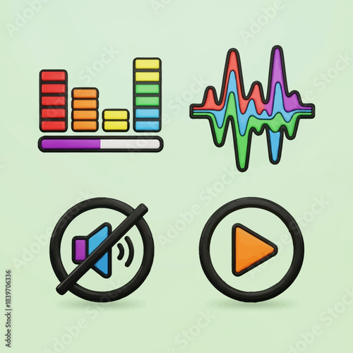Collection of four colorful 3D icons representing audio and sound controls, including an equalizer, waveform, mute symbol, and play button.