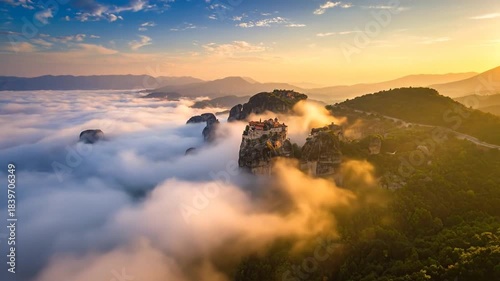 Scenic Aerial View of Meteora Monasteries in Greece.