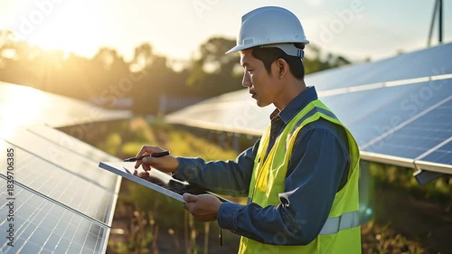 Engineer Inspecting Solar Panels, Renewable Energy, Sustainable Power