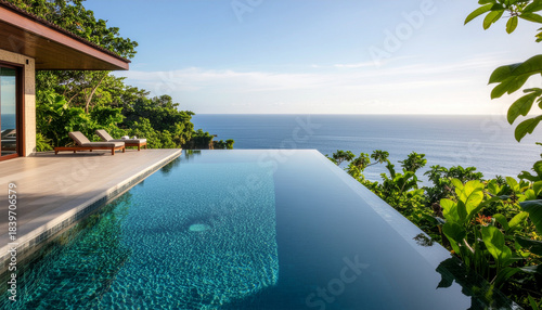 Fototapeta Naklejka Na Ścianę i Meble -  Photorealistic view from an infinity pool at a Bali cliffside resort in Uluwatu