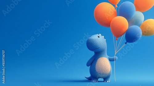 Cartoon dinosaur baby playing with balloons, butterfly in the air, children's fairy tale themed gatherings, party concerts, music festival
