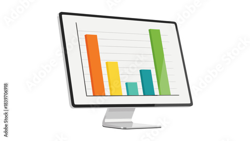 Desktop Computer Displaying Colorful Bar Chart with Upward Trends and Financial Data Analysis on Screen White Background