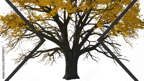 Detailed Pixel Art of a Large Deciduous Tree with Golden Autumn Foliage and Dark Bark Against a Simple Green and Black Background