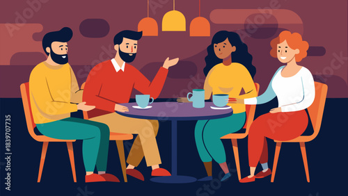 Diverse group of four friends enjoying conversation and coffee together inside a cozy cafe setting