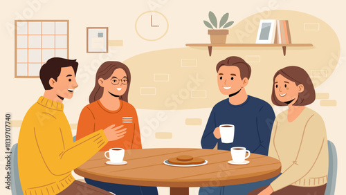 Four young friends enjoying conversation and coffee together around a warm wooden table indoors