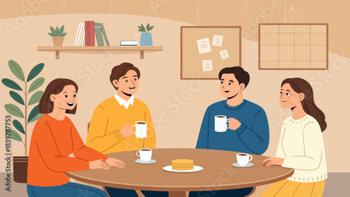 Four young friends enjoying coffee and conversation together around a small round table indoors