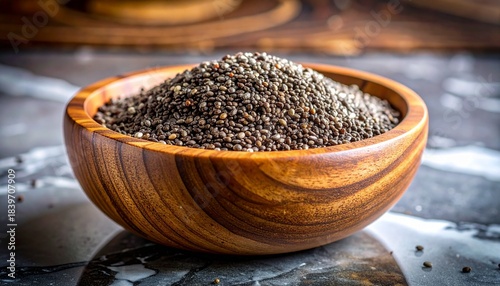 Close up photo of chia seeds in a wooden bowl on a marble surface
