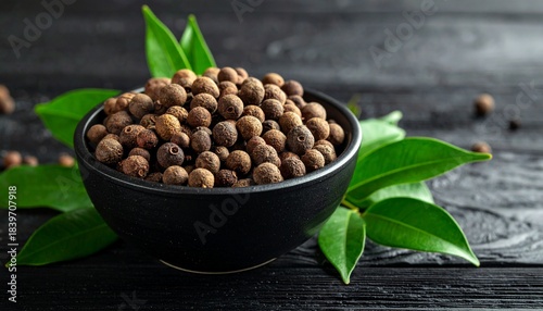Allspice berries in a dark ceramic bowl with green leaves on a dark textured