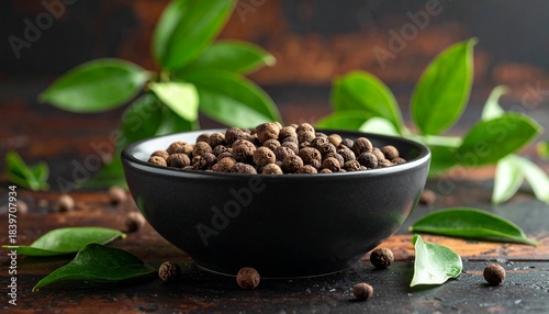 Allspice berries in a dark ceramic bowl with green leaves on a dark textured