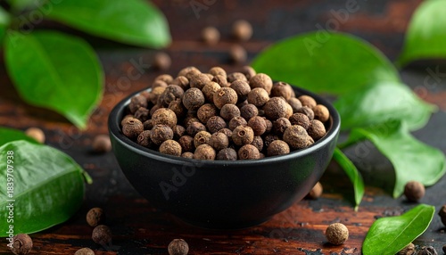 Allspice berries in a dark ceramic bowl with green leaves on a dark textured