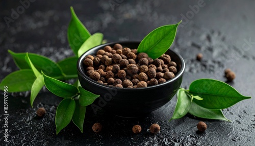 Allspice berries in a dark ceramic bowl with green leaves on a dark textured
