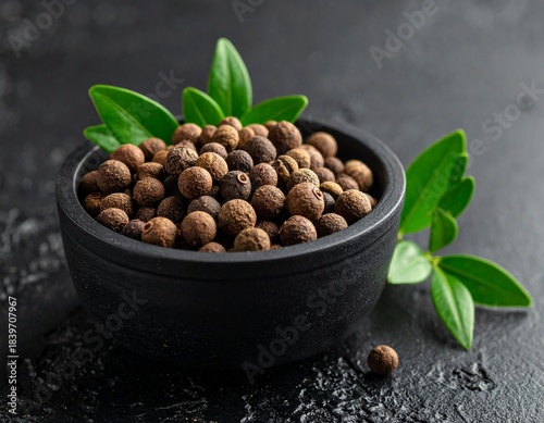 Allspice berries in a dark ceramic bowl with green leaves on a dark textured