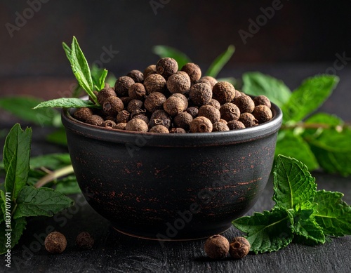 Allspice berries in a dark ceramic bowl with green leaves on a dark textured