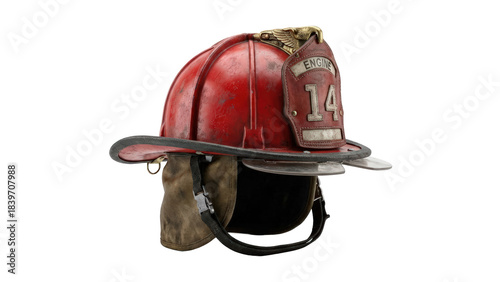 An old worn red firefighter helmet depicting safety and protection for emergency services personnel historically and currently