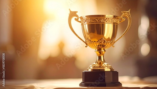An elegant ornate gold trophy cup depicting achievement and success on a soft backgro