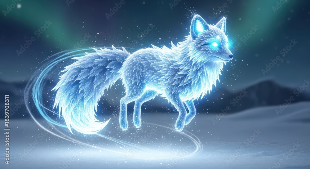 Obraz premium Luminescent arctic canine spirit floats across a snowy landscape under a faint aurora
