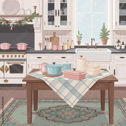 Cozy country kitchen with vintage decor and a wooden table set for baking and cooking