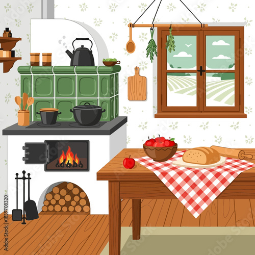 Cozy countryside kitchen with green tiled stove, wooden table with checkered tablecloth, and