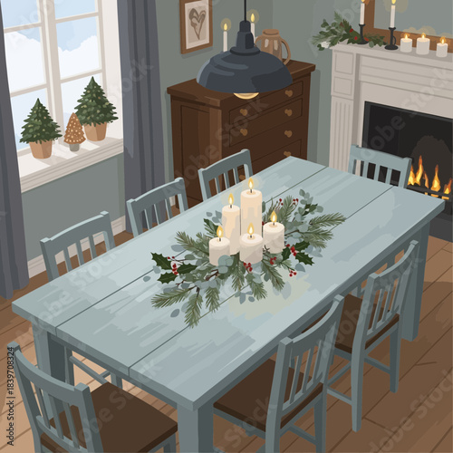 Cozy dining room decorated with festive candles and natural holiday accents for a warm Christmas
