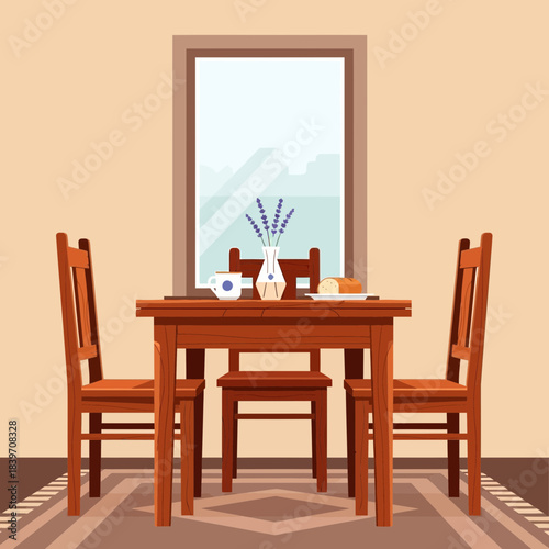 Cozy dining area with wooden table and chairs placed in front of a large mirror in a warm-toned room