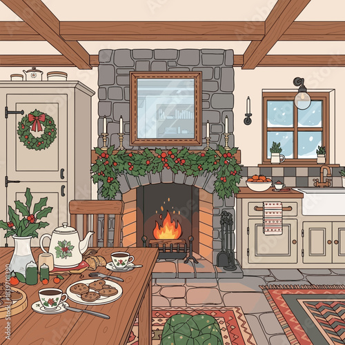 Cozy kitchen interior with rustic stone fireplace decorated for the holiday season featuring warm