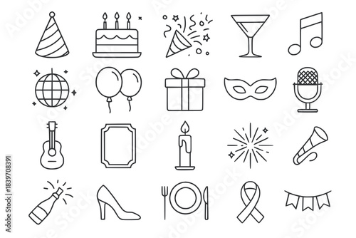 Line art illustration of celebration icons with birthday, party, and festive elements