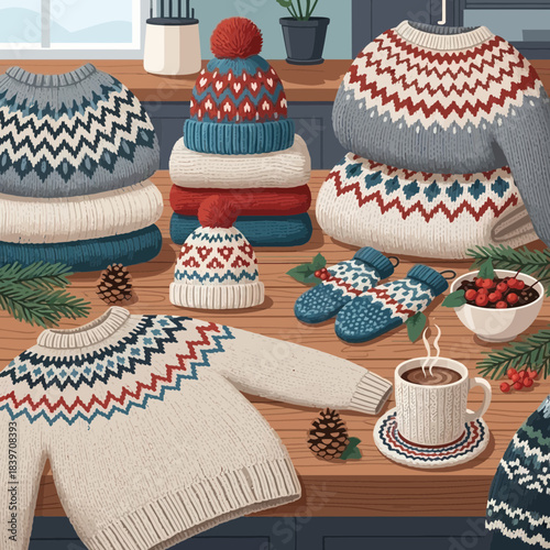 Cozy Knitted Winter Accessories and Sweaters Displayed on a Wooden Table with Festive Decorations