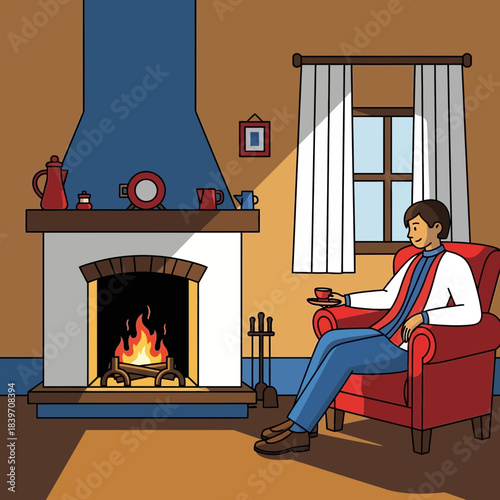 Cozy living room scene with a woman relaxing in a red armchair by the fireplace on a cold day
