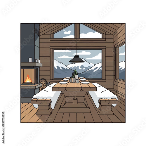 Cozy mountain cabin dining area with large window view of snow-capped peaks and rustic interior