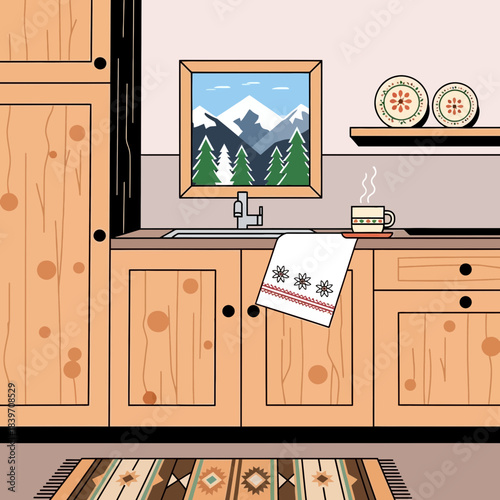 Cozy rustic kitchen with wooden cabinets mountain view and tea setup