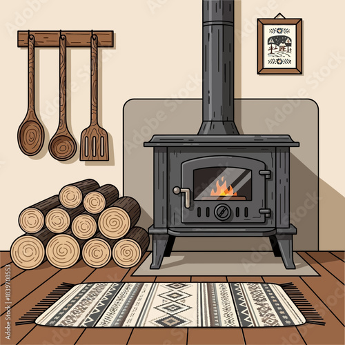 Cozy rustic living room corner with wood stove and stacked logs for warmth and ambiance