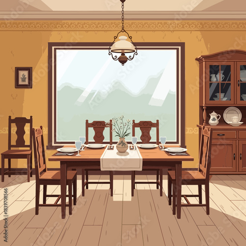 cozy traditional dining room with wooden furniture and a large window offering natural light