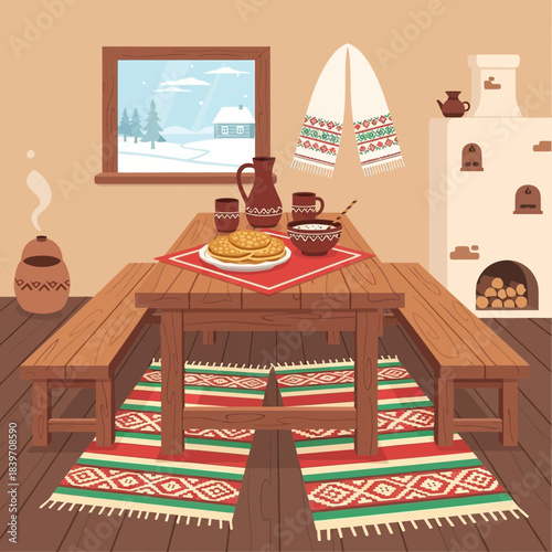 Cozy Traditional Nordic Kitchen Scene with Wooden Table and Fireplace