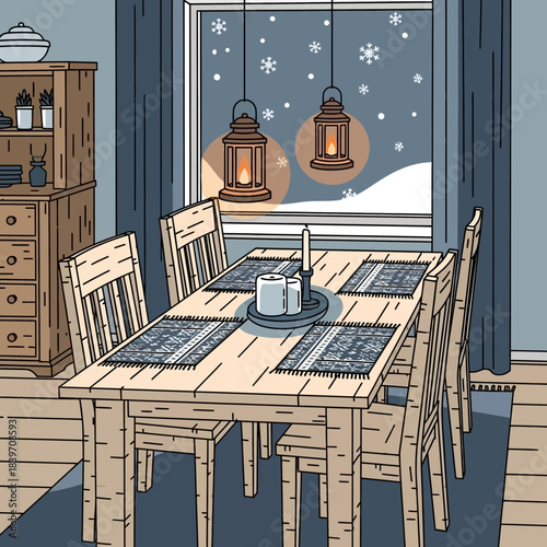 Cozy winter dining room with a wooden table set for four people and a snowy view outside the window