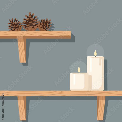 Minimalist Winter Decor Scene Featuring Pine Cones and Candles on Wooden Shelves