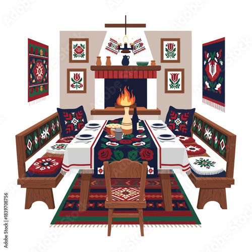Traditional Scandinavian Fireplace Room Decor with Handcrafted Tapestries and Rustic Furniture