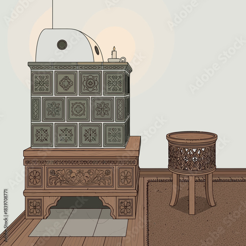 Vintage stove and wooden stool with intricate design in a cozy interior scene