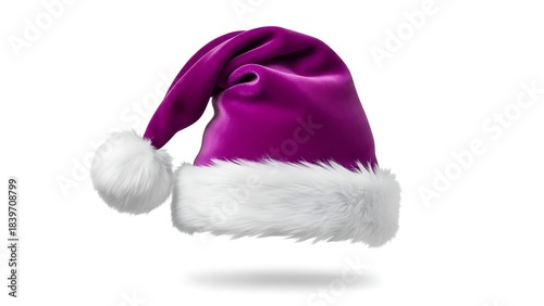 A vibrant purple Santa hat with a white fluffy trim and pom-pom, casting a soft shadow on a clean white background.