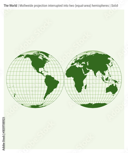 World Map. Mollweide projection interrupted into two (equal-area) hemispheres. Solid style. High Detail World map for infographics, education, reports, presentations. Vector illustration.