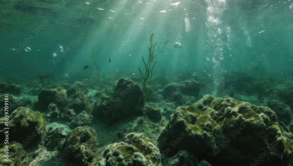 Fototapeta premium Underwater scene with rocks and sunlight filtering through the water.