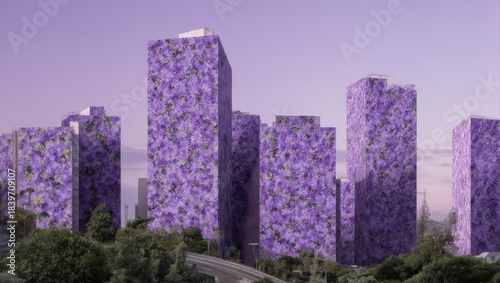 Futuristic cityscape concept with abstract purple patterned skyscrapers.