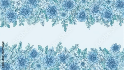 Beautiful Blue Floral Border Design with Delicate Leaves and Flowers.